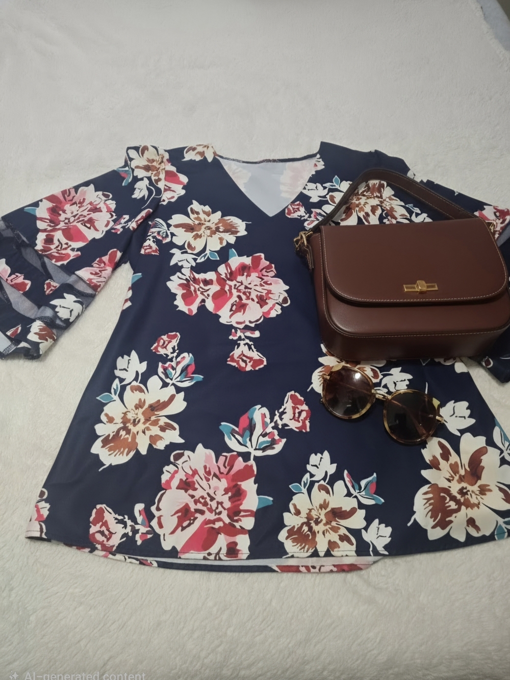 Floral V-Neck Navy Women's Blouse